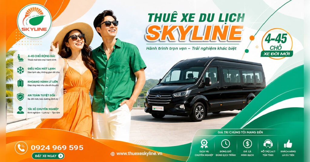 Skyline chuyên cho thuê xe du lịch 4 đến 45 chỗ đời mới, giá rẻ. Thủ tục nhanh gọn, tài xế uy tín. Liên hệ ngay Hotline để đặt xe nhanh!